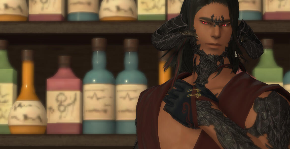 Dr. Als'kholyn in front of the medicine cabinet display.